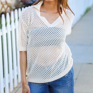 Cream Knit Short Sleeved Crochet Trendy Fish Net Top, Collared, S-M-L